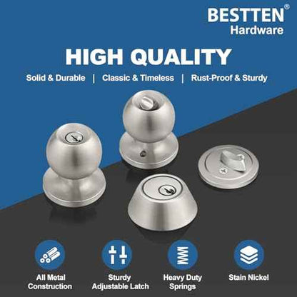 BESTTEN 3 Pack Keyed Alike Exterior Door Knobs and Single Cylinder Deadbolts Combo Set, Satin Nickel Entry Door Knobs with Locks and Keys for Entrance and Front Door