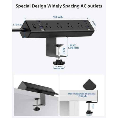 40W Fast Charging Station,Desk Clamp Power Strip 20W USB C,8 Outlets,8 USB Ports,4 USB C and 4 USB A, Office Furniture Surge Protector, 14AWG Cord, Fits 1.9" Tabletop Edge (Black, 10FT Length)