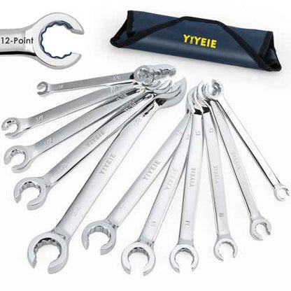 12-Point Flare Nut Wrench Set Metric & SAE, 8mm-19mm & 1/4"-7/8", 11PCS Offset Line Wrench Set for Brake, Fuel and Tubing, CR-V Steel, Double Open End with Organizer Pouch for Removing Nuts