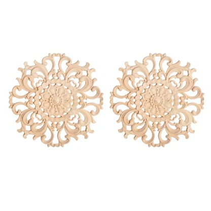 MUXSAM Wood Carved Appliques Decorative Onlays, Round Wood Carving Craft Decals for Door Wall Ceiling Cabinet Dresser Wardrobe Mantels Closet Doll Bed Retrofit Project(2-Pack, 10cm/3.9")