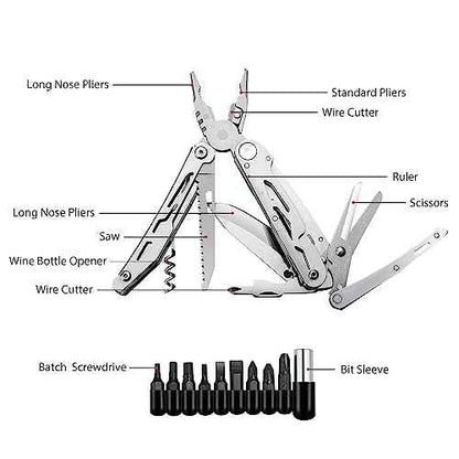 RoverTac Multi Tool Pocket Knife Tactical Camping Survival Knife Gifts for Men Dad Husband 18 in 1 Multitool Pliers Scissors Saw Corkscrew Bottle Opener 9-pack Screwdrivers Safety Lock Nylon Sheath