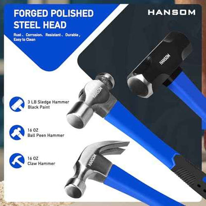 5-Pack Hammer Set,Rubber Mallet 32oz, Double-Faced Mallet 22oz,16oz Claw Hammer,16oz Ball Peen Hammer,3lb Sledge Hammer,Ergonomic Handle