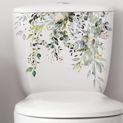 Green Plant Leaves Flowers Toilet Seat Lid Stickers-DIY Removable Waterproof Toilet Sticker for Bathroom Cistern Decor-Green Leaf Floral Toilet Lid Decals 11.8x9.8in