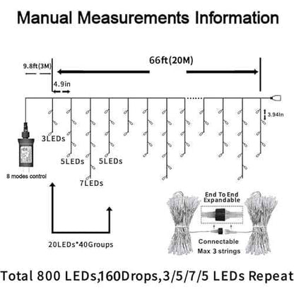 YEGUO 66ft 800 LED Icicle Lights Outdoor Waterproof, 160 Drops Icicle Christmas Light Connectable, 8 Modes White Icicle Xmas Lights with Timer Memory