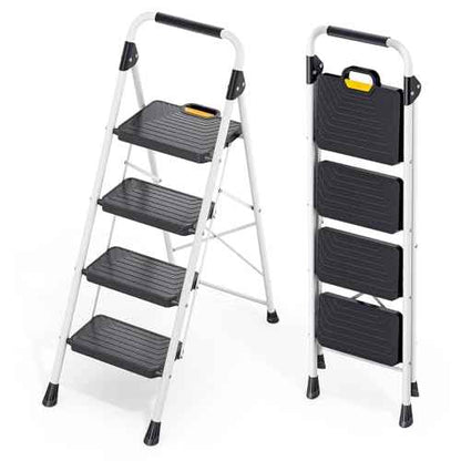 KINGRACK Sturdy Steel 4 Step Ladder, Folding Step Stool with Handrail, Anti-Slip Wide Pedals, Safe-Lock Design, Pass 800lbs Load Testing, Portable Ladder for Multi-Purpose in Home, Kitchen, White