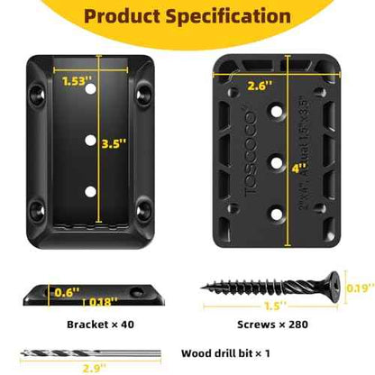 40 Pcs Deck Railing Bracket Connectors for 2"¡¿4" (Actually 1.5"x3.5") Wood Post to Handrail Connection, Railing Connectors with 280 Pcs Galvanized Black Screws for Wooden Stair Fence Railings