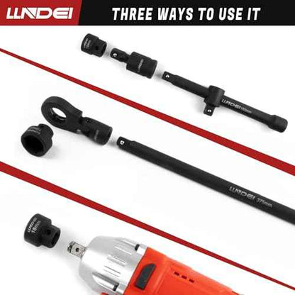 LLNDEI 3/8" Nano Sockets, Drive Stubby Impact Socket Set, 19-Piece Long Flex Head Ratcheting Wrench Set Extension Bar(6"-15"), 6-19mm Metric Stubby Socket Set, Cr-Mo material