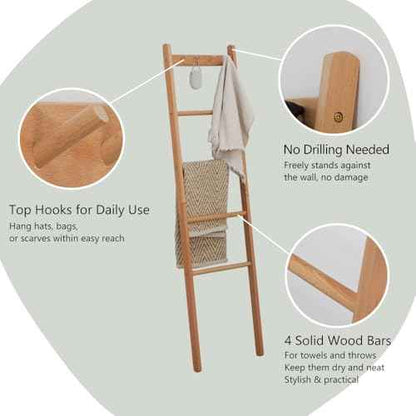 Beech Wood Blanket Ladder, 5.3ft Natural Farmhouse Quilt Holder with Top Hooks, 4-Bar Decorative Throw Rack, Towel Shelf for Living Room, Bedroom, Small Space Storage (Natural)