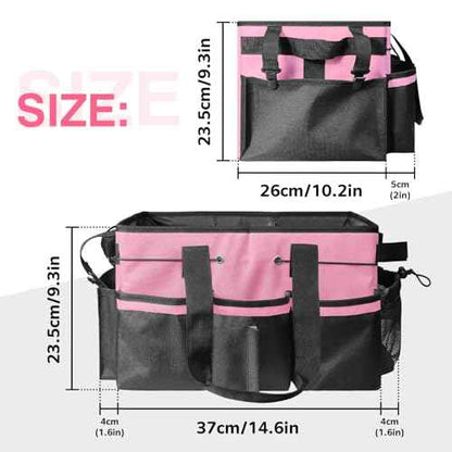 Cleaning Caddy Tote with Removable Dividers - 17.8x12.2x9.3in Waterproof Tool Organizer Bag with Handles & Adjustable Shoulder Strap for Housekeepers, Cleaners & Car Detailing Supplies (Pink)