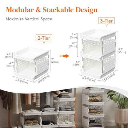 Lifewit Plastic Stackable Storage Baskets, 3 Tier Stacking Bins 13.8"D x 11.8"W x 21.3"H, Large Capacity Multi-Functional Containers Shelves for Pantry, Playroom, Kitchen and Bedroom, 1 Pack, White