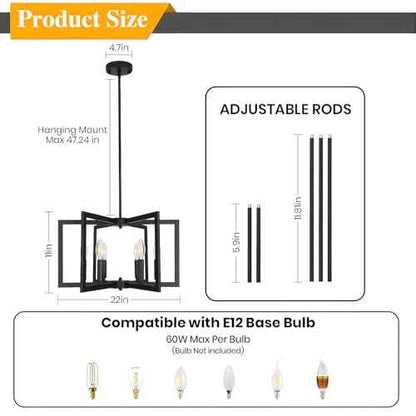 6-Light Black Chandeliers for Dining Room,Modern Farmhouse Chandelier, Pendant Lights Kitchen Island,Geometric Industrial Metal Hang Lighting Fixture for Foyer Entryway Hallway Living Room