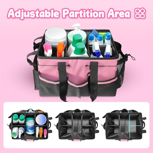 Grekos Wearable Cleaning Caddy Bag, Cleaning Caddy Suppliers Organizer with 4 Foldable Dividers, Handle & Shoulder Straps Cleaning Tool Organizers for Cleaners & Housekeeper (Pink)