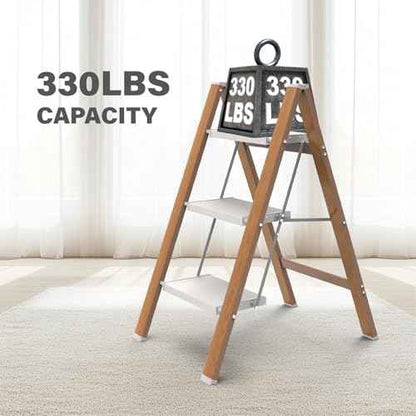 3 Step Ladder, Folding Aluminum Step Stool with Anti-Slip Wide Steps for Adults, Ideal for Kitchen, Closet, Bedroom, 330 lbs Capacity (Woodgrain)