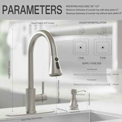 VXV Kitchen Faucet with Soap Dispenser, 3 Modes Kitchen Faucet with Pull Down Sprayer, Stainless Steel Sink Faucet for Farmhouse, Bar, and RV, with Deck Plate and 1/2'' Adapters