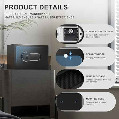 Safe Box with Fireproof Waterproof Bag, 0.5 Cub Small Home Safety Box with Key, Biometric Fireproof Personal Safes, Fingerprint Money Safe for Home Hotel Bedroom, Fingerprint Unlock
