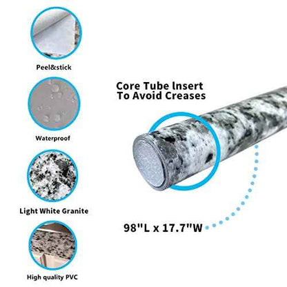 Teemall Light White Granite Look Marble Film Vinyl Self Adhesive Kitchen Countertop Peel Stick Wallpaper Decal 17.7''x98'' (Terrazzo)