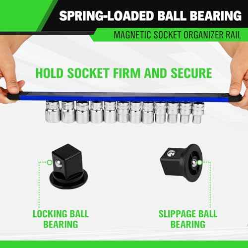 4-Piece Magnetic Socket Organizer Kit, 1/4'' 3/8'' 1/2'' Heavy Duty Socket Holder Holds 40 Clips, Aluminum Sockets Rail for Tool Box Drawer with 1/4'' Slidable Drill Bit Organizer Holds 40 Bits