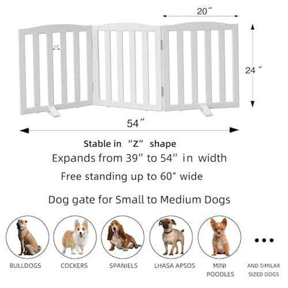 ZJSF Foldable Freestanding Indoor Dog Gate for House Wood White Long Pet Gates Dog Fence for Stairs Puppy Gates for Hallways,Pet Fence, Puppy Gate,Support Feet Included 24 "Height-3 Panels