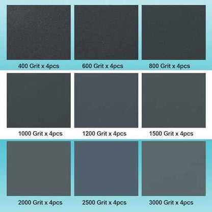 36PCS Sand Paper, Sandpaper Assortment Pack, Assorted for Wood Furniture Metal Finishing and Automotive Polishing, Wet Dry Sandpaper 400/600/800/1000/1200/1500/2000/2500/3000 Grit, 9 x 3.6 Inch