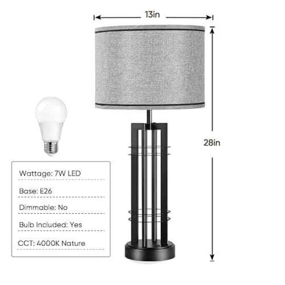27in Tall Table Lamps for Living Room Button Control Farmhouse Rustic Table Lamps Set of 2 SideTable Lamps Black&Grey Bedroom Lamps for Bedside Nightstand End Table 2025 New
