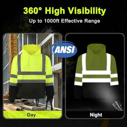 HYCOPROT High Visibility Sweatshirt ANSI Class 3 Reflective Safety Hoodie Hi Vis Hooded Pullover with Black Bottom¡¦