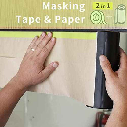 Pre-Taped Masking Paper for Painting - 18 inch x 50 feet Tape and Drape Painters Paper, Paint Adhesive Protective Paper Roll for Covering Skirting, Frames, Cars and Auto Body (12 Rolls)