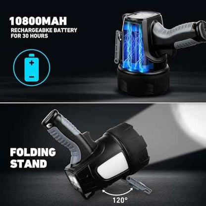 LBE Rechargeable Spotlight Outdoor, 90,000 Lumens Led Spotlight Flashlight with Cob Light and Foldable Tripod, 6 Modes Waterproof Handheld Spot Light for Outdoor Marine Boating H?nting