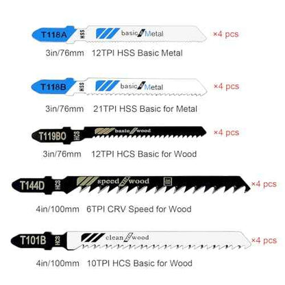 20 Pcs T Shank Jigsaw Blades, Jig Saw Blade Set, Multi-Purpose Jig Saw Blades for Wood, Pruning Plastic Metal Cutting Made with HCS/HSS, Jigsaw Blade, for Most Jig Saw Models