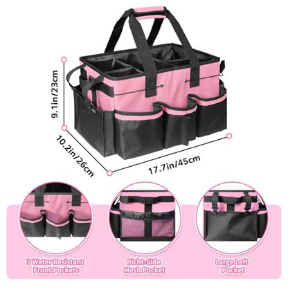 Grekos Wearable Cleaning Caddy Bag, Cleaning Caddy Suppliers Organizer with 4 Foldable Dividers, Handle & Shoulder Straps Cleaning Tool Organizers for Cleaners & Housekeeper (Pink)
