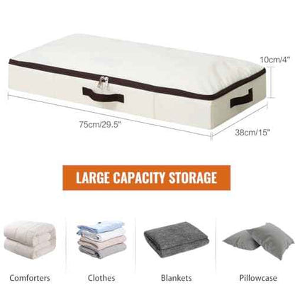 AMJ 3 Pack 4inch Underbed Storage Bins, Under Bed Storage Containers with Zippers for Blanket, Pillows, Comforters & Quilts, Beige