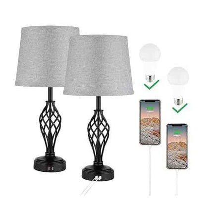 Charging Table Lamps Set of 2, nightstand lamp with USB Ports Bedside Desk lamp for Living Room Bedroom,Black Spiral cage Base Design 3 Color Temperature LED Bulbs Included.