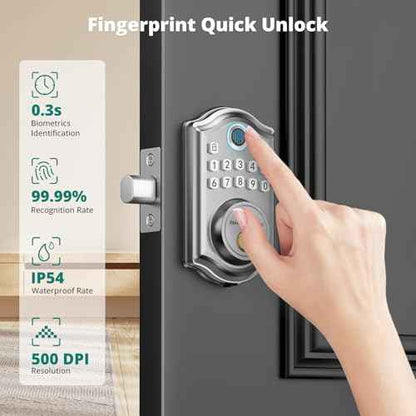 DS10 Keyless Entry Door Lock - Fingerprint Door Lock with 2 Keys, Electronic Keypad Deadbolt, Smart Door Lock, Keypad Lock for Front Door, Auto-Lock & One Touch Locking - Satin Nickel