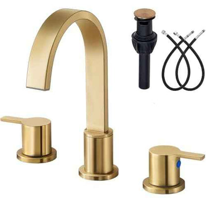 Gold Bathroom Faucet 3 Hole, Widespread Bathroom Faucet Brushed Gold, 360¡Æ Swivel High-Arc Spout 2-Handles 8 Inch Faucets with Water Hoses and Drain for Sink RV Bath Vanity Lavatory, VAL088GRH