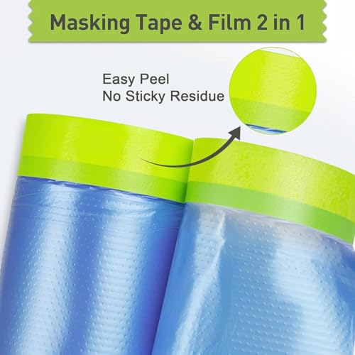 Pre-Taped Masking Film for Painting ? 44" x 66' Plastic Sheeting with Automotive Paint Tape, Easy Tear, No Residue ? Painter¡¯s Tape and Drape for Car, Wall, Window & Furniture Protection