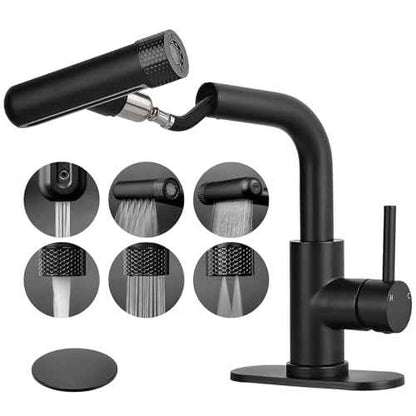 Matte Black Bathroom Faucet with Pull Down Sprayer, 6 Water Mode, Single Handle, 1 or 3 Hole Bathroom Sink Faucet with Pop Up Drain for RV Bar Laundry Vanity