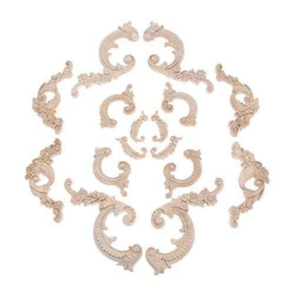 Wood Carved Appliques Wooden Onlays, 1 Pair Unpainted Decorative Carving Furniture Decals Frame Decor for Door Wall Cabinet Dresser Fireplace Ceiling Bed Home DIY Project, 8.5x4.5cm/3.35"x1.77"