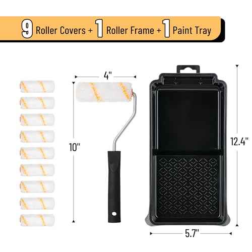 Bates- 4 Inch Paint Roller Kit, 11 pcs, Small Paint Roller Kit, 1x Plastic Paint Tray, 1x Roller Frame & 9X Microfiber Covers