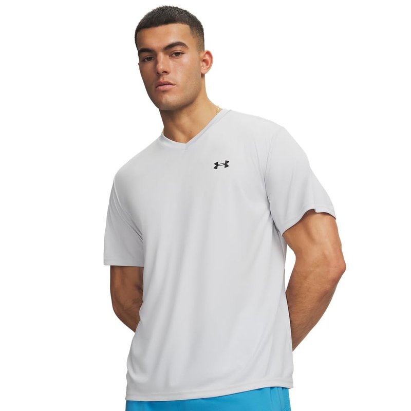 Under Armour Men's Velocity 2.0 Short Sleeve V Neck T Shirt, (015) Halo Gray / / Black, Large