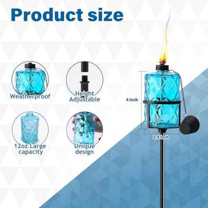 4 Pack Blue Glass Garden Torch 12 oz Outdoor Torch Garden D?cor,60-Inch Upgraded Citronella Torches with 3-Prong Grounded Stake for Party Patio Pathway