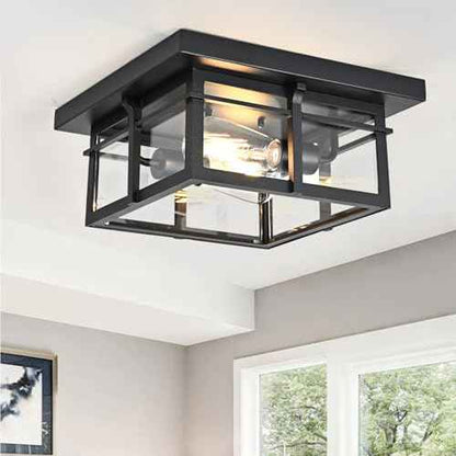 Farmhouse Ceiling Light Fixture Black 2-Light with Clear Glass, Square Flush Mount Ceiling Light for Hallway Kitchen Bedroom Porch