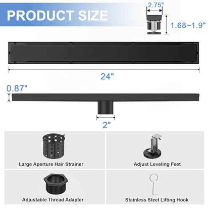 24-Inch Linear Shower Drain with Tile Insert Grate, SUS 304 Stainless Steel Linear Drain, Matte Black Long Rectangle Shower Floor Drain with Leveling Feet, Hair Strainer, Fits Bathroom