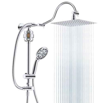 Hibbent All Metal 10'' Filtered Rainfall Shower Head Combo for Easy Reach, High Pressure Shower Head System, Handheld Showerhead, Adjustable Holder, 18'' Extension Arm, Shower Filter, 7-spray, Chrome