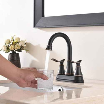 KINGO Bathroom Faucets for Sink 3 Hole, 2 Handle 4 inch Oil Rubbed Bronze Bathroom Sink Faucet with Pop-up Drain and Supply Hoses, Stainless Steel Lead-Free Centerset Faucets for Vanity RV, 2 Pack