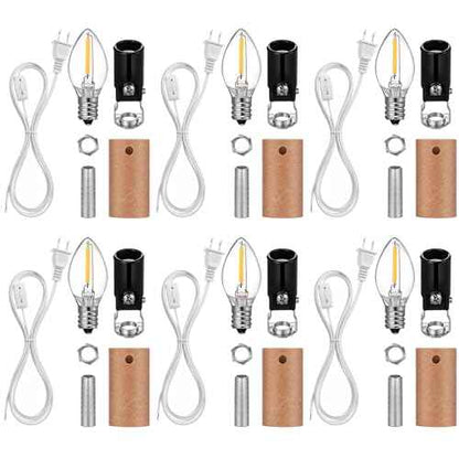 Honoson 6 Pack Small Christmas Tree Wiring Kit with LED Bulb, Ceramic Christmas Tree Replacement Lights, E12 Candelabra Base, Lamp Wiring Kit Nice for Desk Lamp Lighting and DIY Projects