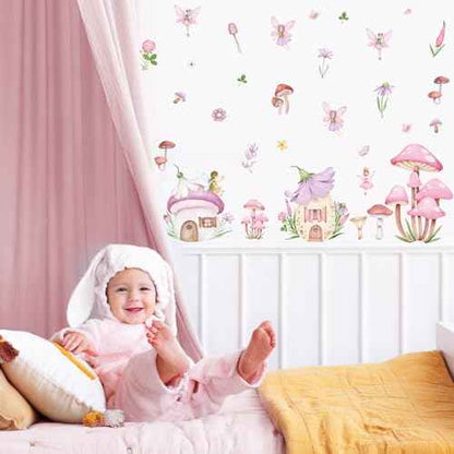 9 Sheet Fairy Mushroom Wall Decal Woodland Pink Mushroom Spring Floral Mural Sticker Peel and Stick Forest Nursery Wallpaper Decal for Bedroom Living Room Playroom Decor