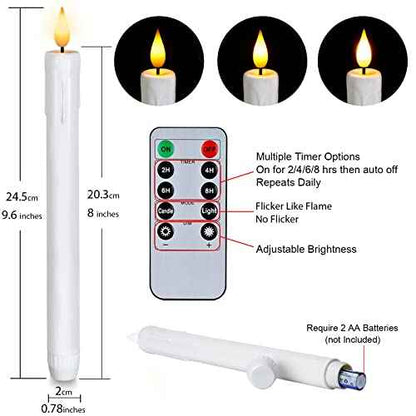 Homemory 24 Pcs Plastic Flameless Taper Candles with Remote Timer Dimmer, White Taper Candles Battery Operated with Flickering Flame Light Lifelike Led Candlesticks for Indoor Decoration 9.6 Inches