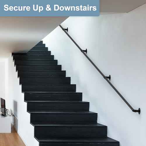 mapleway Pipe Stair Handrail, 14ft Railing for Indoor Steps Metal Staircase Hand Rail Industrial Iron Handle for Wall Mount Support, Black