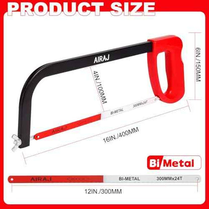 AIRAJ 12 In High-Tension Hacksaw with 24 TPI Bi-Metal Blade,Hand Saw Suitable for Metal, Wood, PVC