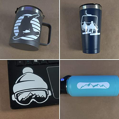 Snowboarding Decal 4 Pack: Snowboard Mountain, Goggles Beanie, Chairlift, Silhouette (Small ~3.5", White)