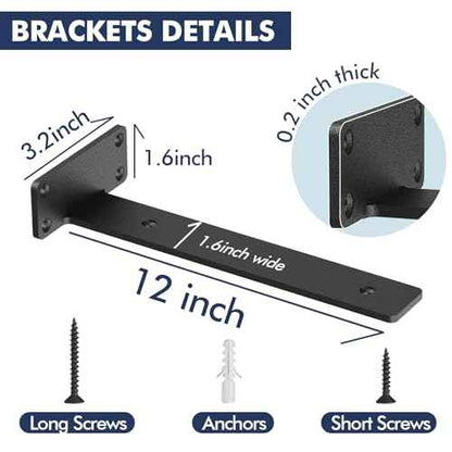 8 Pack Floating Shelf Brackets,12 Inch Heavy Duty Industrial Shelf Bracket, Black Metal L Brackets for Shelves Support DIY(1/5 Inch Thicked)